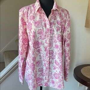 Lands' End No Iron Supima Pink Floral Button-Down Shirt Blouse Size 18